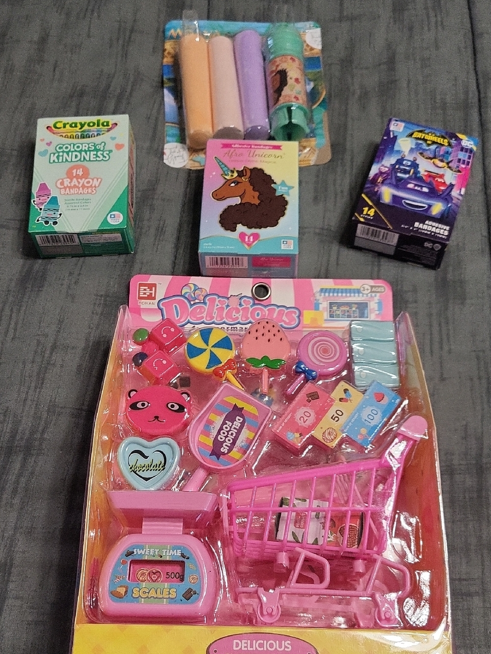 5 Pc.  Kids Toy - Pink Pretend Grocery & Candy Set,chalk Set,3 Bxs. Of  Bandaids